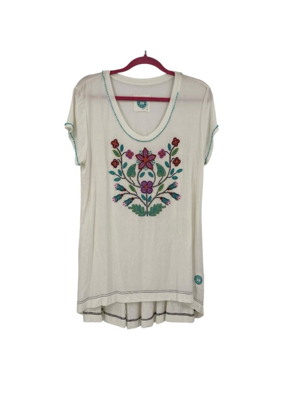 Double D Ranch Size L White Beaded Western Embroidered Graphic Tee Shirt FLAWS